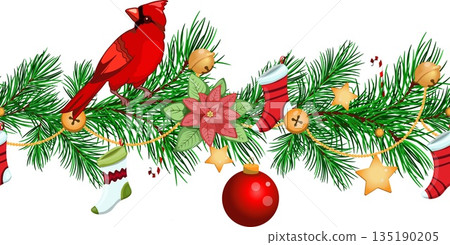 Christmas arrangement with cardinal bird with fir branches, candy canes and golden garland, winter plants, pine branches. Xmas vector illustration Christmas arrangement with cardinal bird with fir branches, candy canes and golden garland, winter plants, pine branches. Xmas vector illustration 135190205
