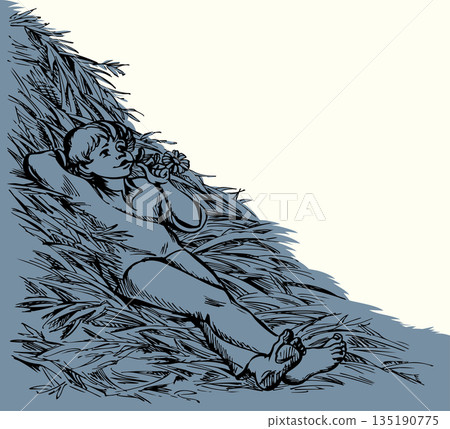 Vector drawing. Boy resting on a hay 135190775