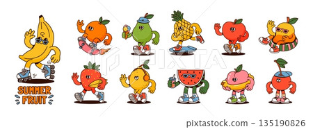 Fruit characters. Summer funky mascots. Cartoon retro juicy strawberry apple happy cherry peach pineapple watermelon lemon orange. Comic food. Vector set 135190826