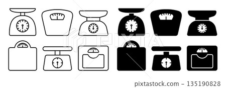 Scale weight icon. Simple kitchen scales. Black outline and silhouette pictogram kitchen food weight tools in different shapes. Kilograms. Mass sign and symbol. Vector set 135190828