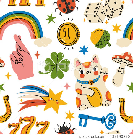 Lucky seamless pattern with dice, charms, and talismans for casino backgrounds, fortune designs and magic or superstition illustration. Colorful vector collection 135190830