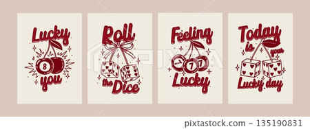Cherry poster. Retro lucky dice. Vintage cherries with bows, ribbon, leaves, dice, star. Prints with text and slogans. Red coquette style Valentines sticker. Vector casino card Cherry poster. Retro lucky dice. Vintage cherries with bows, ribbon, leaves, dice, star. Prints with text and slogans. Red coquette style Valentines sticker. Vector casino card 135190831