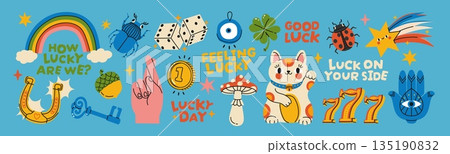Luck. Lucky symbols. Magic amulets, horseshoe dice, ladybug Maneki Neko, hand mushroom clover, evil eye, shooting star. Talisman, fortune good luck elements. Vector set 135190832