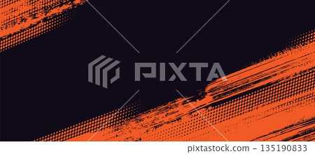 Halftone and brush banner. Abstract background. Color geometric dots texture, grunge paint brushes pattern, ink strokes for speed sport style design. Vector template 135190833