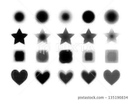 Halftone shapes. Dots pattern elements. Abstract texture gradient square, circle, heart, stars. Black dot gradation effect. Comic pattern for design. Vector symbols Halftone shapes. Dots pattern elements. Abstract texture gradient square, circle, heart, stars. Black dot gradation effect. Comic pattern for design. Vector symbols 135190834