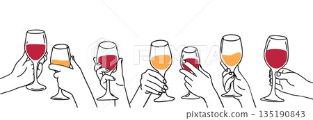 Hand holding drink. Banner with glasses in hands. Hand drawn different arm gestures hold glass, wineglasses, drinks, cocktails. Doodle line vector elements for cafe Hand holding drink. Banner with glasses in hands. Hand drawn different arm gestures hold glass, wineglasses, drinks, cocktails. Doodle line vector elements for cafe 135190843