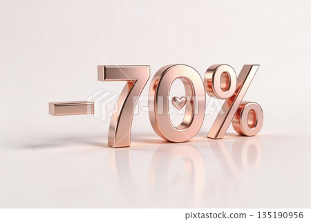 Elegant 3D render of rose gold minus seventy percent sign with small heart inside the zero. Elegant 3D render of rose gold minus seventy percent sign with small heart inside the zero. 135190956