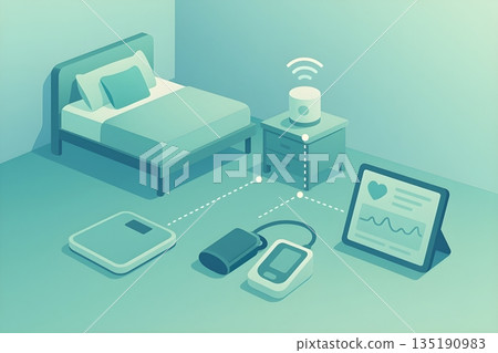Isometric smart bedroom with connected health devices: digital scale, blood pressure monitor 135190983