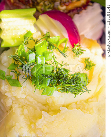 Mashed potatoes made from natural potatoes with dill and fresh vegetables Mashed potatoes made from natural potatoes with dill and fresh vegetables 135191143