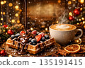 Belgian Waffle with Berries and Latte Cup Breakfast Composition 135191415