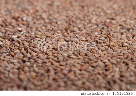 Warm buckwheat grains with sheen, Closeup of rustic buckwheat with natural tones, Macro shot showcasing individual buckwheat grains with warm tones and subtle shine Warm buckwheat grains with sheen, Closeup of rustic buckwheat with natural tones, Macro shot showcasing individual buckwheat grains with warm tones and subtle shine 135191526