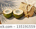 Beach Bag with Coconut on Summer Setting 135191559