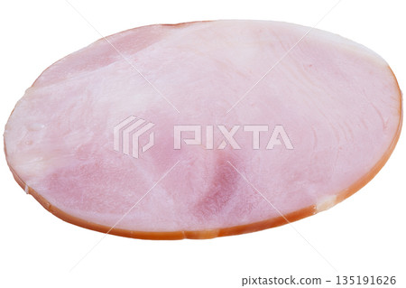 Ham slice image, Boiled smoked ham visualization, Highdetail photo of ham slice on white background, Isolated ham slice with golden rind and pink surface for product display 135191626