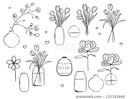 Hand drawn set of flowers and vases. Bouquets of flowers illustration. Floral elements set. 135191666