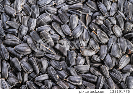 Closeup of salted roasted sunflower seeds with textured shells, Highdetail image of roasted sunflower seeds dusted with coarse crystals for packaging and marketing 135191776