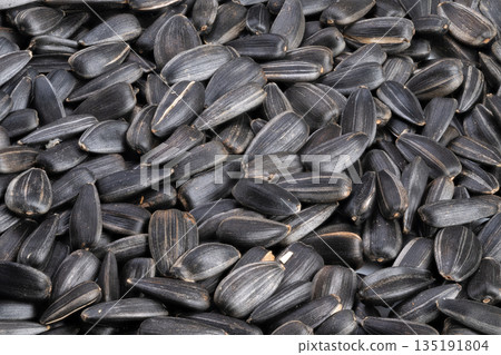 Sunflower seed focus, Detailed view highlighting sunflower seed with natural stripe pattern, High detail image of striped sunflower seed showing texture and quality features Sunflower seed focus, Detailed view highlighting sunflower seed with natural stripe pattern, High detail image of striped sunflower seed showing texture and quality features 135191804