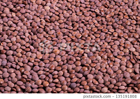 Closeup red lentil pellets covering surface, dense uniform texture, saturated tones, industrial supply context, suitable for packaging, logistics and commodity marketing Closeup red lentil pellets covering surface, dense uniform texture, saturated tones, industrial supply context, suitable for packaging, logistics and commodity marketing 135191808