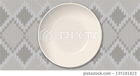 Top view of empty bowl beige color with grainy texture placed on gray and white placemat diamond pattern background Top view of empty bowl beige color with grainy texture placed on gray and white placemat diamond pattern background 135191823