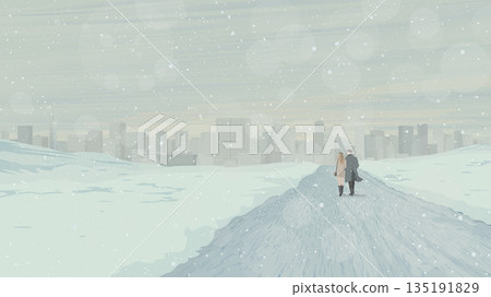 Public park covered by snow in winter season with couple of lover walking together on the track have skyscrapers far away Public park covered by snow in winter season with couple of lover walking together on the track have skyscrapers far away 135191829