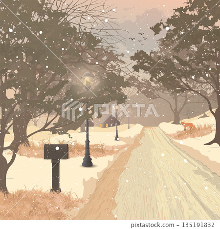 Local road with old mailbox and vintage lighting poles at countryside landscape in autumn season 135191832