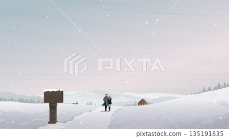 Countryside landscape covered by snow with couple of lover walking together on the track back to home Countryside landscape covered by snow with couple of lover walking together on the track back to home 135191835