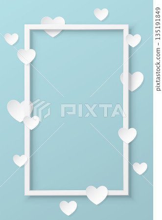 Various white hearts around white vertical frame paper cut style on light blue background 135191849