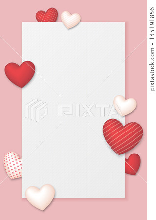 White bond paper vertical shape on pink background have red and white hearts various designs floating around White bond paper vertical shape on pink background have red and white hearts various designs floating around 135191856