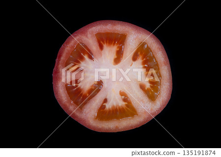 Red tomato seed chamber details, Closeup of fresh tomato with vibrant color and texture, Highquality macro photograph highlighting juicy tomato flesh and seed sections vividly Red tomato seed chamber details, Closeup of fresh tomato with vibrant color and texture, Highquality macro photograph highlighting juicy tomato flesh and seed sections vividly 135191874