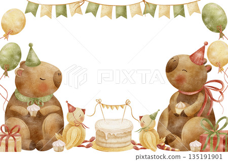 Capybara frame, duck in party hats, cake, gifts, birthday balloons. Hand-drawn watercolor character illustration in childish style. Template isolated from background for card, poster invitation design Capybara frame, duck in party hats, cake, gifts, birthday balloons. Hand-drawn watercolor character illustration in childish style. Template isolated from background for card, poster invitation design 135191901