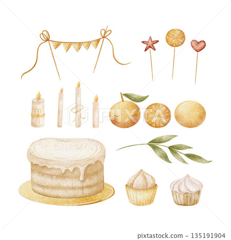 Watercolor cake cupcakes candles, garland, tangerine, orange. Hand-drawn illustration set in childish style. Elements isolated from background for menu design, cards, birthdays, weddings, baby showers 135191904