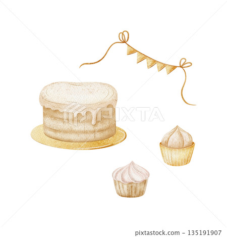 Watercolor cake on gold plate cupcakes candle garland. Hand-drawn dessert illustration in childish style. Elements isolated from background for menu design, cards invitations, baby birthdays weddings Watercolor cake on gold plate cupcakes candle garland. Hand-drawn dessert illustration in childish style. Elements isolated from background for menu design, cards invitations, baby birthdays weddings 135191907