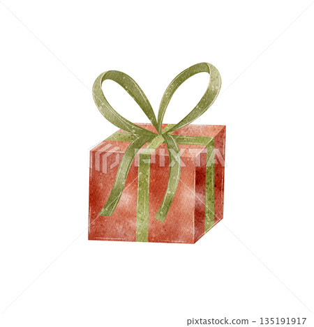 Red gift box, green ribbon, bow. Hand-drawn watercolor illustration in childish retro style. Image present isolated from background. Festive elements for card design, Christmas, birthdays, holidays Red gift box, green ribbon, bow. Hand-drawn watercolor illustration in childish retro style. Image present isolated from background. Festive elements for card design, Christmas, birthdays, holidays 135191917
