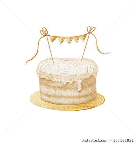 Wedding cake, garland on sticks. Watercolor illustration of holiday dessert, hand-drawn in childish style. Element isolated from background for design card greeting, birthday invitations, baby showers Wedding cake, garland on sticks. Watercolor illustration of holiday dessert, hand-drawn in childish style. Element isolated from background for design card greeting, birthday invitations, baby showers 135191921