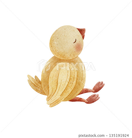 Duck yellow with red beak, paws sitting, looking up. Hand-drawn watercolor illustration in childish style. Pastel colored elements, isolated from background for card, invitation, decor, baby shower Duck yellow with red beak, paws sitting, looking up. Hand-drawn watercolor illustration in childish style. Pastel colored elements, isolated from background for card, invitation, decor, baby shower 135191924