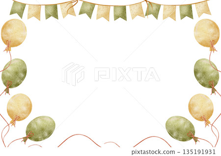 Watercolor frame of air balloons, garlands flags of yellow green color. Hand-drawn illustration in childish style. Template isolated on background for birthday card, poster, holiday invitation design 135191931