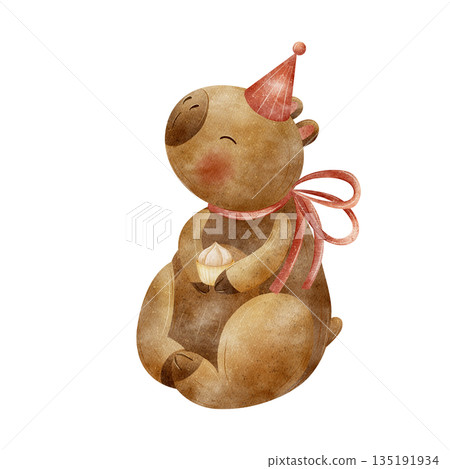 Capybara party hat, cupcake. Watercolor illustration of guinea pig is hand drawn in cute childish style. Image is isolated from background for card design, poster, party invitations birthdays holidays Capybara party hat, cupcake. Watercolor illustration of guinea pig is hand drawn in cute childish style. Image is isolated from background for card design, poster, party invitations birthdays holidays 135191934
