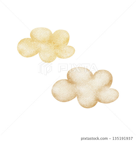 Watercolor airy clouds. Hand drawn illustration fluffy, soft sky in childish style. Elements beige, yellow colors, isolated from background for card designs posters nursery decor newborns baby parties 135191937