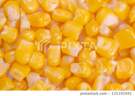 Corn nutrient details, Focus on sweet corn composition, Sweet corn kernels showcasing texture and moisture, Visual representation of corn nutrients and food science aspects 135191941