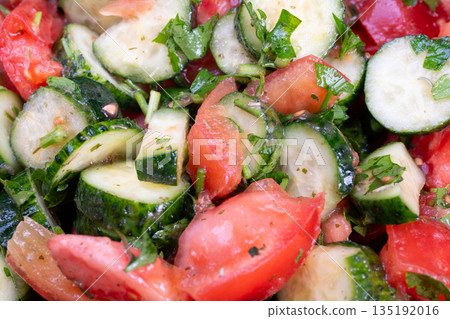 Healthy cucumber tomato dish, Wellprepared vegan vegetable salad, Vibrant highfiber vegan meal featuring chopped herbs and light dressing for fitness enthusiasts Healthy cucumber tomato dish, Wellprepared vegan vegetable salad, Vibrant highfiber vegan meal featuring chopped herbs and light dressing for fitness enthusiasts 135192016