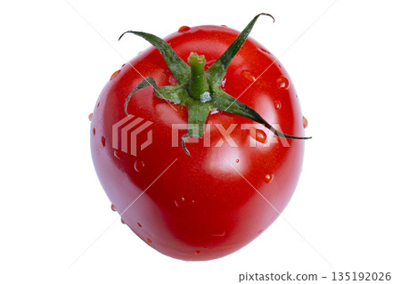 Closeup of fresh red fruit, Detailed macro of dewy green calyx, Highresolution image highlighting juicy red tomato and fresh green calyx for culinary presentation Closeup of fresh red fruit, Detailed macro of dewy green calyx, Highresolution image highlighting juicy red tomato and fresh green calyx for culinary presentation 135192026