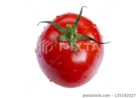 Ripe red tomato on white, glossy skin with water droplets, bright highkey studio lighting, green calyx intact, ideal for product packaging, recipe imagery, clean food branding 135192027