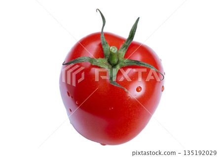 Colorful tomato closeup, Detailed image of ripe tomato, Closeup of textured green calyx and tomato surface, Bright photograph showcasing tomato skin and vibrant green calyx Colorful tomato closeup, Detailed image of ripe tomato, Closeup of textured green calyx and tomato surface, Bright photograph showcasing tomato skin and vibrant green calyx 135192029