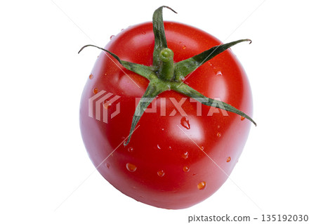 Vibrant snack imagery, Bright red tomato with droplets, Fresh red tomato on white surface with water drops, Juicy red tomato lying on white background with tiny water beads 135192030