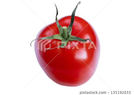 Vivid red fruit, Juicy red tomato with lush green calyx on plain background, Brilliant tomato featuring smooth skin and green calyx symbolizing nutritious eating habits 135192033