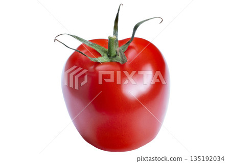 Brightly polished tomato with condensation evoking coolness and freshness, Vibrant crimson tomato covered in water droplets showcasing cooling summer freshness and natural appeal 135192034