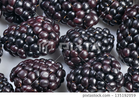 Dark textured berries shimmer with water, Lush blackberries glisten with dew and rustic appeal, Closeup of shiny juicy blackberries with rustic charm and water droplets Dark textured berries shimmer with water, Lush blackberries glisten with dew and rustic appeal, Closeup of shiny juicy blackberries with rustic charm and water droplets 135192059