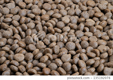 Consistent textured kibble in studio setting, Precise batch sample of uniform kibble pellets with equal size and consistent appearance for industrial documentation 135192078