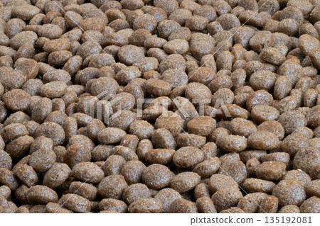 Premium pet nutrition showcase, Detailed visual emphasizing texture and quality of pet food, Highquality image highlighting appealing features of dog kibble product Premium pet nutrition showcase, Detailed visual emphasizing texture and quality of pet food, Highquality image highlighting appealing features of dog kibble product 135192081