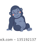 A cute cartoon gorilla sits and smiles. Illustration in a flat vector style with soft shapes. Suitable for zoos, safaris, birthdays, children's events, education, branding, cards, posters, and digital 135192137