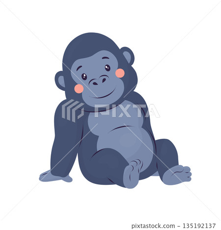 A cute cartoon gorilla sits and smiles. Illustration in a flat vector style with soft shapes. Suitable for zoos, safaris, birthdays, children's events, education, branding, cards, posters, and digital 135192137